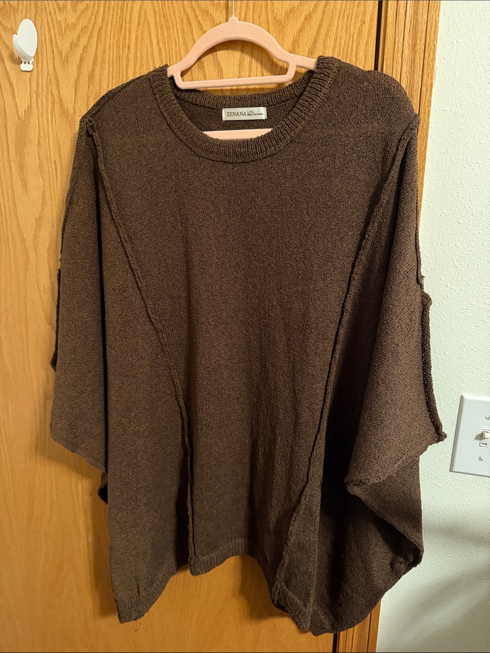Zenana Outfitters Brown Open-Knit Poncho/Dolman Sweater